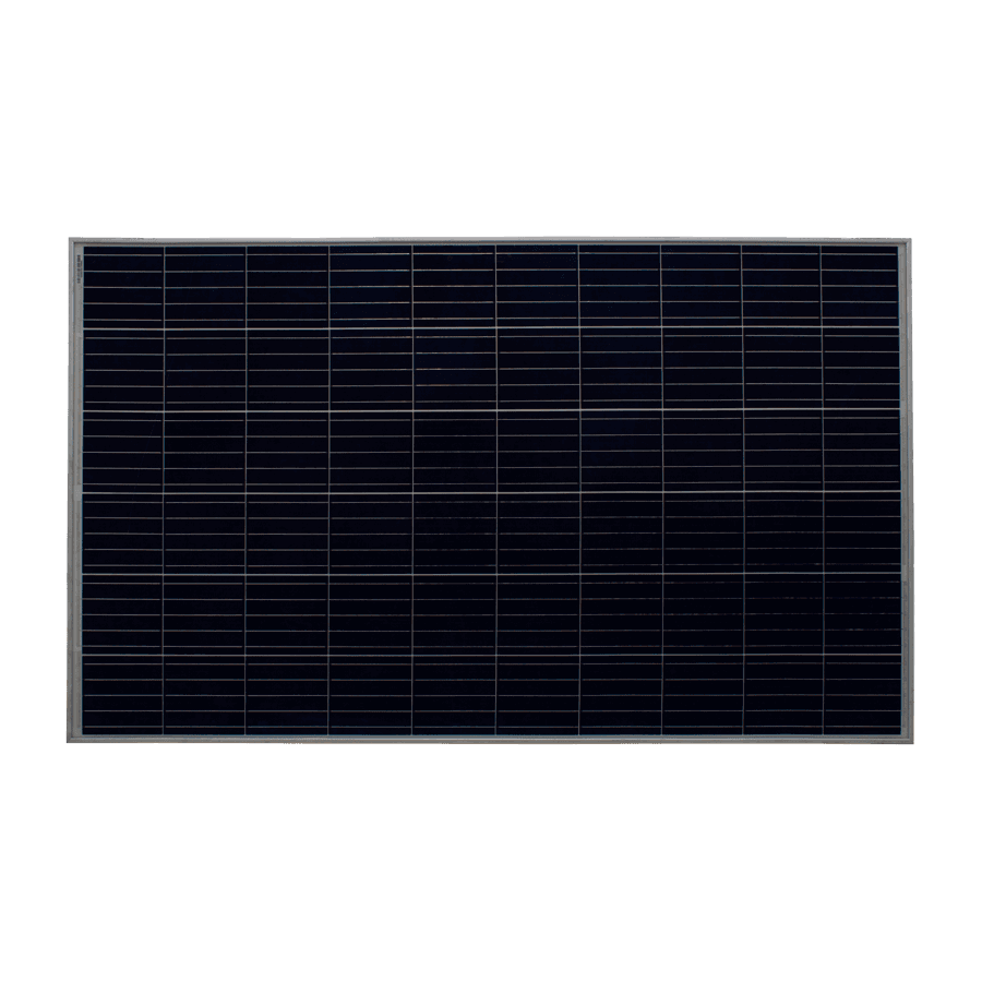 Panel solar EcoGreen 270W policristalino sobre un techo azul con el sol brillando en el fondo.