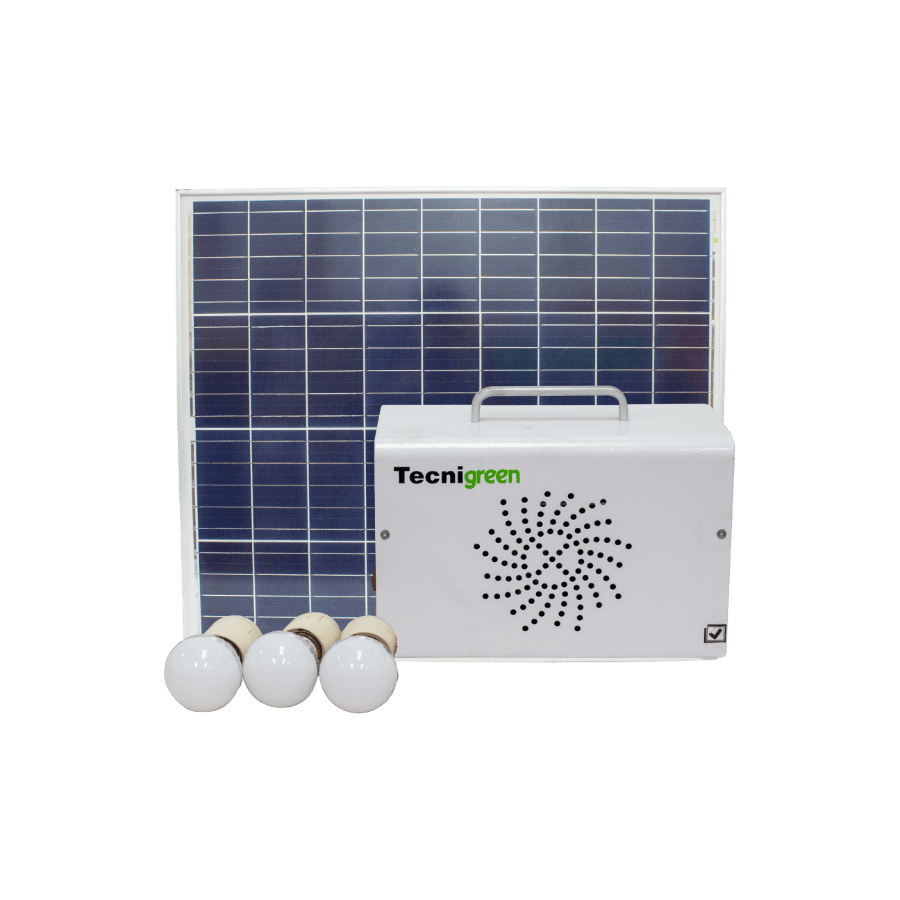 Panel solar TG 10W, 3 bombillas LED, batería y controlador sobre fondo blanco.